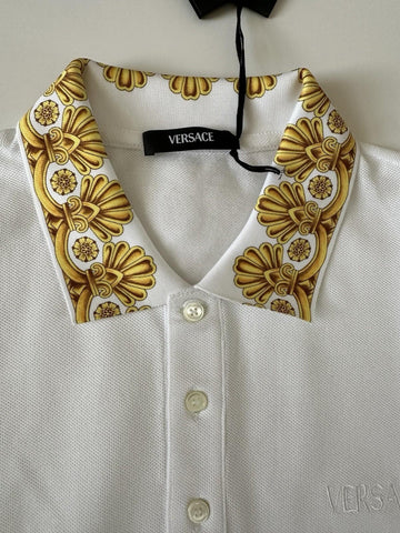 Versace Medusa White/Gold Piquet Cotton Polo Shirt L 1012260 NWT