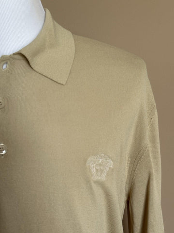 Versace Medusa Lightweight Light Sand Knit Polo Sweater 54 Euro 1019329