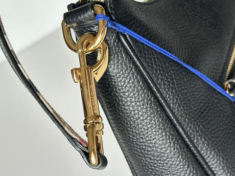 Burberry Hobo Leather Shoulder Bag Check Strap Black 81046821 Italy NWT $1750
