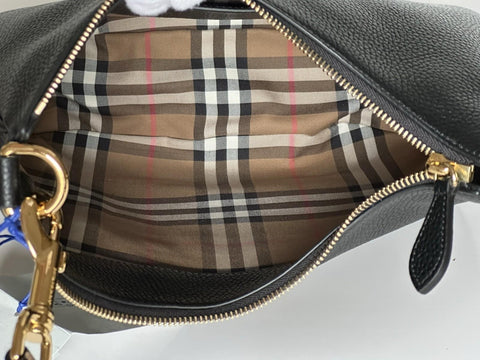 Burberry Hobo Leather Shoulder Bag Check Strap Black 81046821 Italy NWT $1750