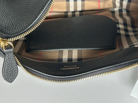 Burberry Hobo Leather Shoulder Bag Check Strap Black 81046821 Italy NWT $1750
