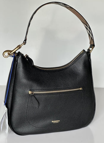 Burberry Hobo Leather Shoulder Bag Check Strap Black 81046821 Italy NWT $1750