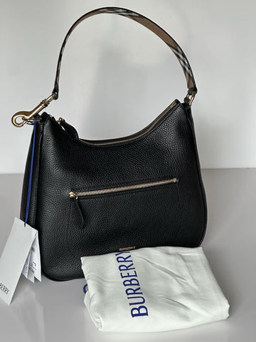 Burberry Hobo Leather Shoulder Bag Check Strap Black 81046821 Italy NWT $1750