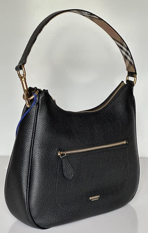 Burberry Hobo Leather Shoulder Bag Check Strap Black 81046821 Italy NWT $1750