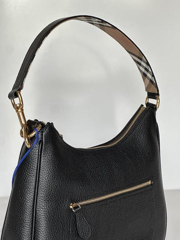 Burberry Hobo Leather Shoulder Bag Check Strap Black 81046821 Italy NWT $1750