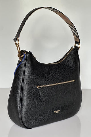Burberry Hobo Leather Shoulder Bag Check Strap Black 81046821 Italy NWT $1750