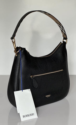 Burberry Hobo Leather Shoulder Bag Check Strap Black 81046821 Italy NWT $1750