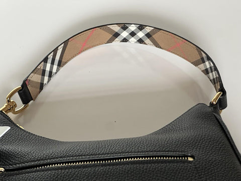 Burberry Hobo Leather Shoulder Bag Check Strap Black 81046821 Italy NWT $1750