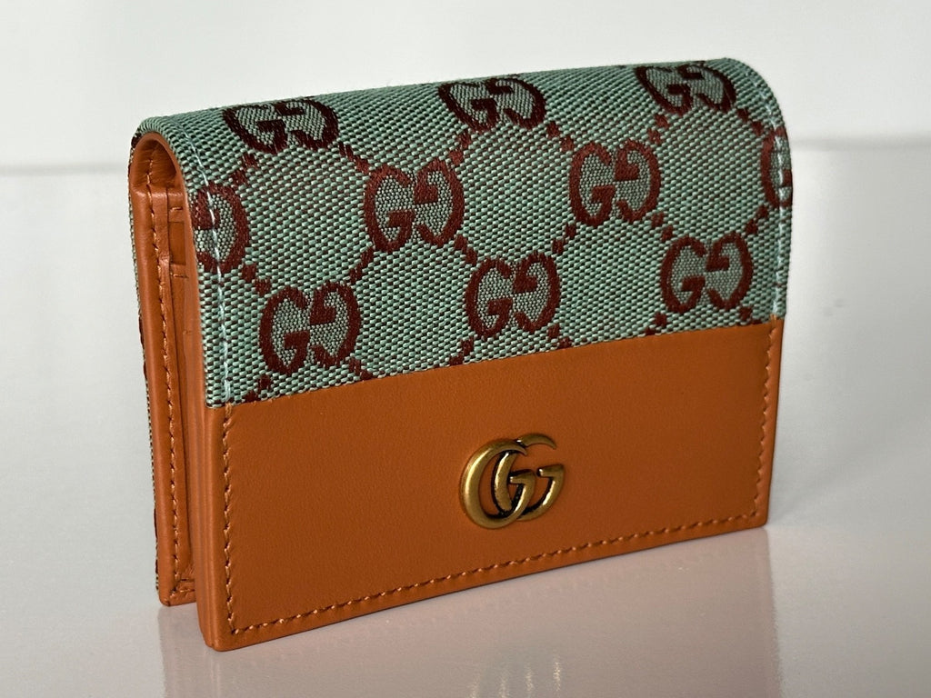 Gucci GG Leather/Canvas Compact Bifold Card Wallet Azure/Brown Italy 783118 NIB