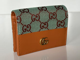 Gucci GG Leather/Canvas Compact Bifold Card Wallet Azure/Brown Italy 783118 NIB