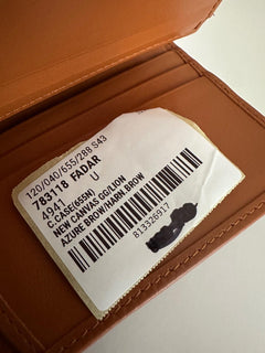Gucci GG Leather/Canvas Compact Bifold Card Wallet Azure/Brown Italy 783118 NIB