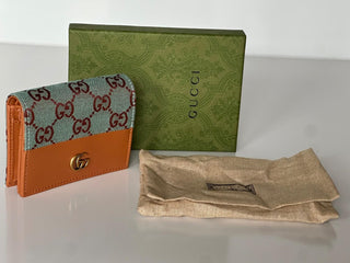 Gucci GG Leather/Canvas Compact Bifold Card Wallet Azure/Brown Italy 783118 NIB
