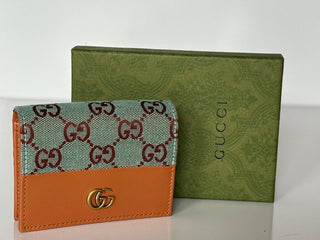 Gucci GG Leather/Canvas Compact Bifold Card Wallet Azure/Brown Italy 783118 NIB
