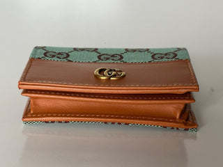 Gucci GG Leather/Canvas Compact Bifold Card Wallet Azure/Brown Italy 783118 NIB
