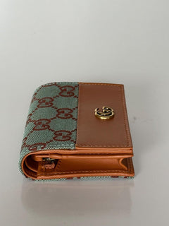 Gucci GG Leather/Canvas Compact Bifold Card Wallet Azure/Brown Italy 783118 NIB