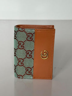 Gucci GG Leather/Canvas Compact Bifold Card Wallet Azure/Brown Italy 783118 NIB