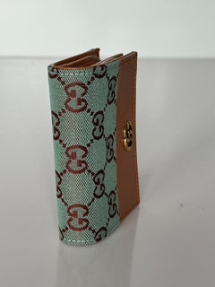 Gucci GG Leather/Canvas Compact Bifold Card Wallet Azure/Brown Italy 783118 NIB