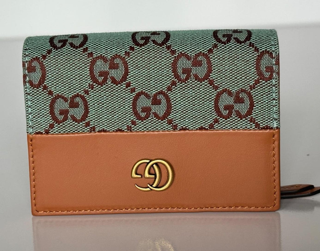 Gucci GG Leather/Canvas Compact Bifold Card Wallet Azure/Brown Italy 783121 NIB