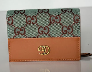 Gucci GG Leather/Canvas Compact Bifold Card Wallet Azure/Brown Italy 783121 NIB
