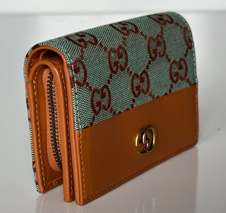 Gucci GG Leather/Canvas Compact Bifold Card Wallet Azure/Brown Italy 783121 NIB