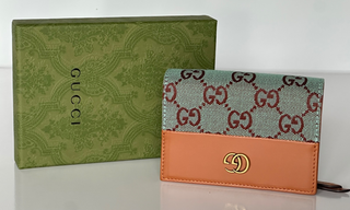 Gucci GG Leather/Canvas Compact Bifold Card Wallet Azure/Brown Italy 783121 NIB