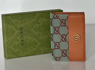 Gucci GG Leather/Canvas Compact Bifold Card Wallet Azure/Brown Italy 783121 NIB