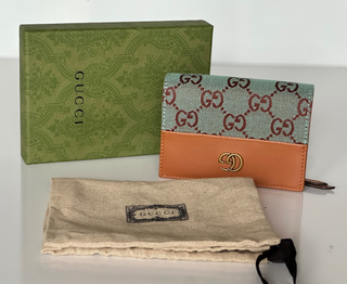 Gucci GG Leather/Canvas Compact Bifold Card Wallet Azure/Brown Italy 783121 NIB