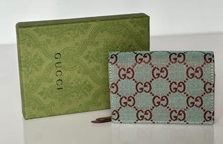 Gucci GG Leather/Canvas Compact Bifold Card Wallet Azure/Brown Italy 783121 NIB
