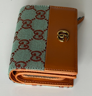 Gucci GG Leather/Canvas Compact Bifold Card Wallet Azure/Brown Italy 783121 NIB