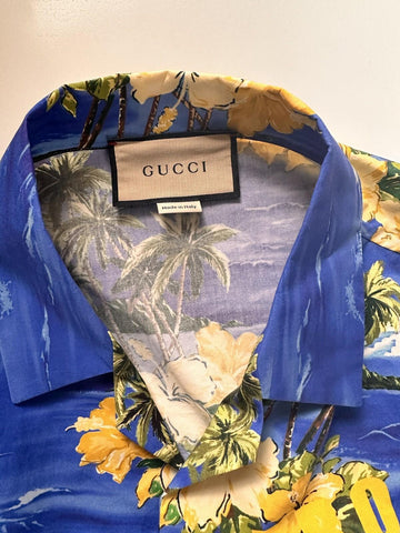 Gucci Bowling Hawaii Ocean Palms Sky Blue Jersey Shirt 46 Euro IT 694124 NWT