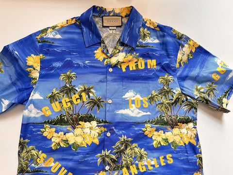 Gucci Bowling Hawaii Ocean Palms Sky Blue Jersey Shirt 46 Euro IT 694124 NWT