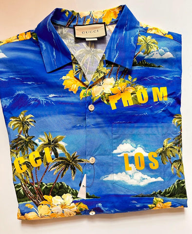 Gucci Bowling Hawaii Ocean Palms Sky Blue Jersey Shirt 46 Euro IT 694124 NWT