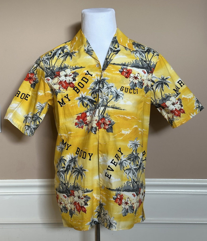 Gucci Bowling Hawaii Ocean Palms Yellow Jersey Shirt 44 Euro IT 694124 NWT