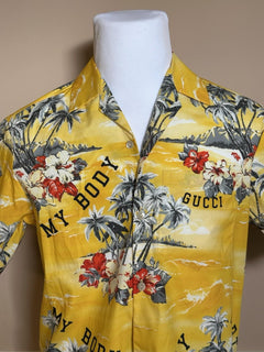 Gucci Bowling Hawaii Ocean Palms Yellow Jersey Shirt 44 Euro IT 694124 NWT