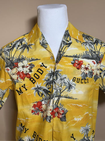 Gucci Bowling Hawaii Ocean Palms Yellow Jersey Shirt 44 Euro IT 694124 NWT