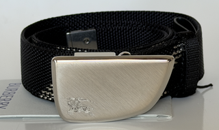 Burberry Silver Metal Buckle Shield Webbing Black Belt 90/36 8087708 IT NWT $490