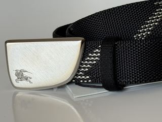 Burberry Silver Metal Buckle Shield Webbing Black Belt 90/36 8087708 IT NWT $490