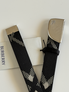 Burberry Silver Metal Buckle Shield Webbing Black Belt 90/36 8087708 IT NWT $490