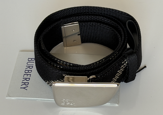 Burberry Silver Metal Buckle Shield Webbing Black Belt 110/44 8087708 NWT $490