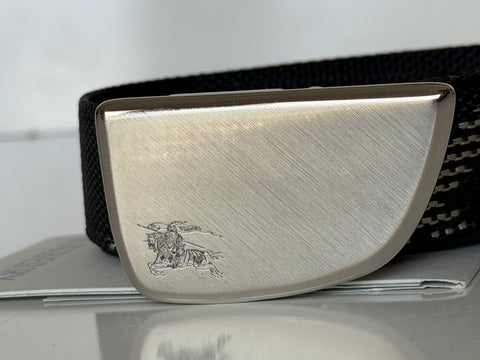 Burberry Silver Metal Buckle Shield Webbing Black Belt 110/44 8087708 NWT $490