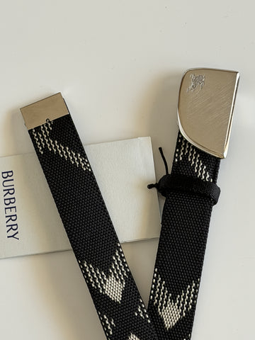 Burberry Silver Metal Buckle Shield Webbing Black Belt 110/44 8087708 NWT $490