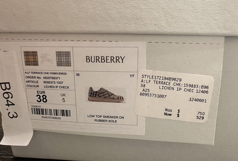 Burberry Women's Lichen IP Check Low Top Sneakers 8 US (38)  IT 8095373 NIB $750