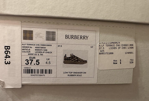 Burberry Women’s Lichen IP Check Sneakers 7.5 US (37.5)  8095373 NIB $750