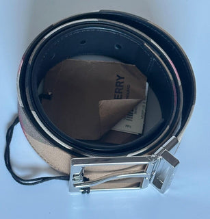 Burberry Reversible Silver Buckle Canvas/Leather Belt 34/85 8084578 IT NWT $440