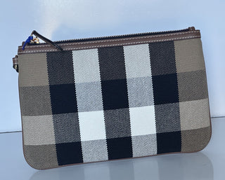 Burberry Peyton Toupe Brown IP Check Leather/Canvas Clutch 80840481 NWT $570