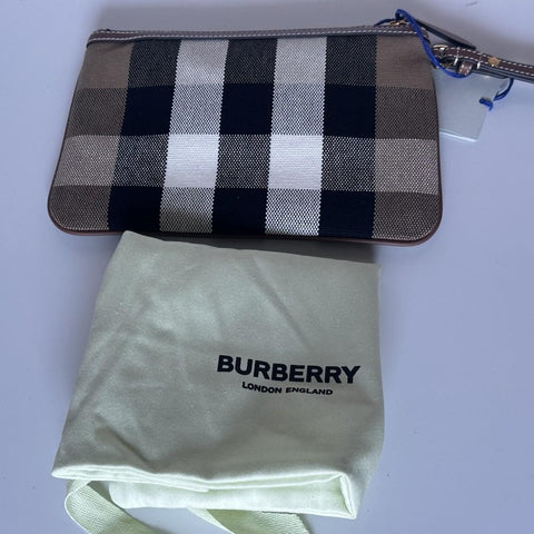 Burberry Peyton Toupe Brown IP Check Leather/Canvas Clutch 80840481 NWT $570