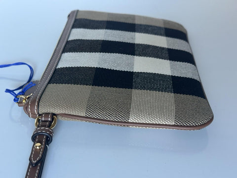 Burberry Peyton Toupe Brown IP Check Leather/Canvas Clutch 80840481 NWT $570