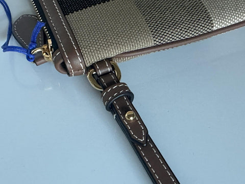 Burberry Peyton Toupe Brown IP Check Leather/Canvas Clutch 80840481 NWT $570