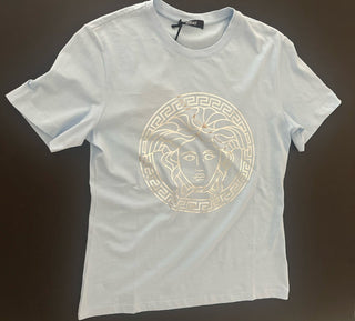 Versace Women's Silver Medusa Light Blue Jersey T-Shirt 4 (38 Euro) 1016967 NWT