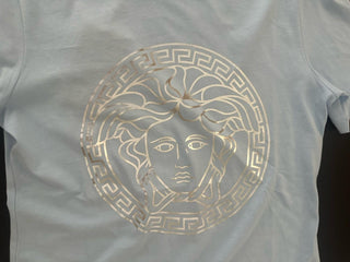 Versace Women's Silver Medusa Light Blue Jersey T-Shirt 4 (38 Euro) 1016967 NWT